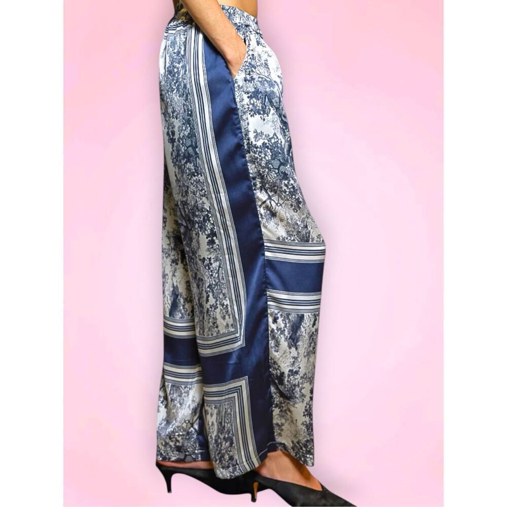 POL Wide Leg Toile Print Pants Navy Ivory Boho Drawstring Palazzo Pants Large - Picture 5 of 9
